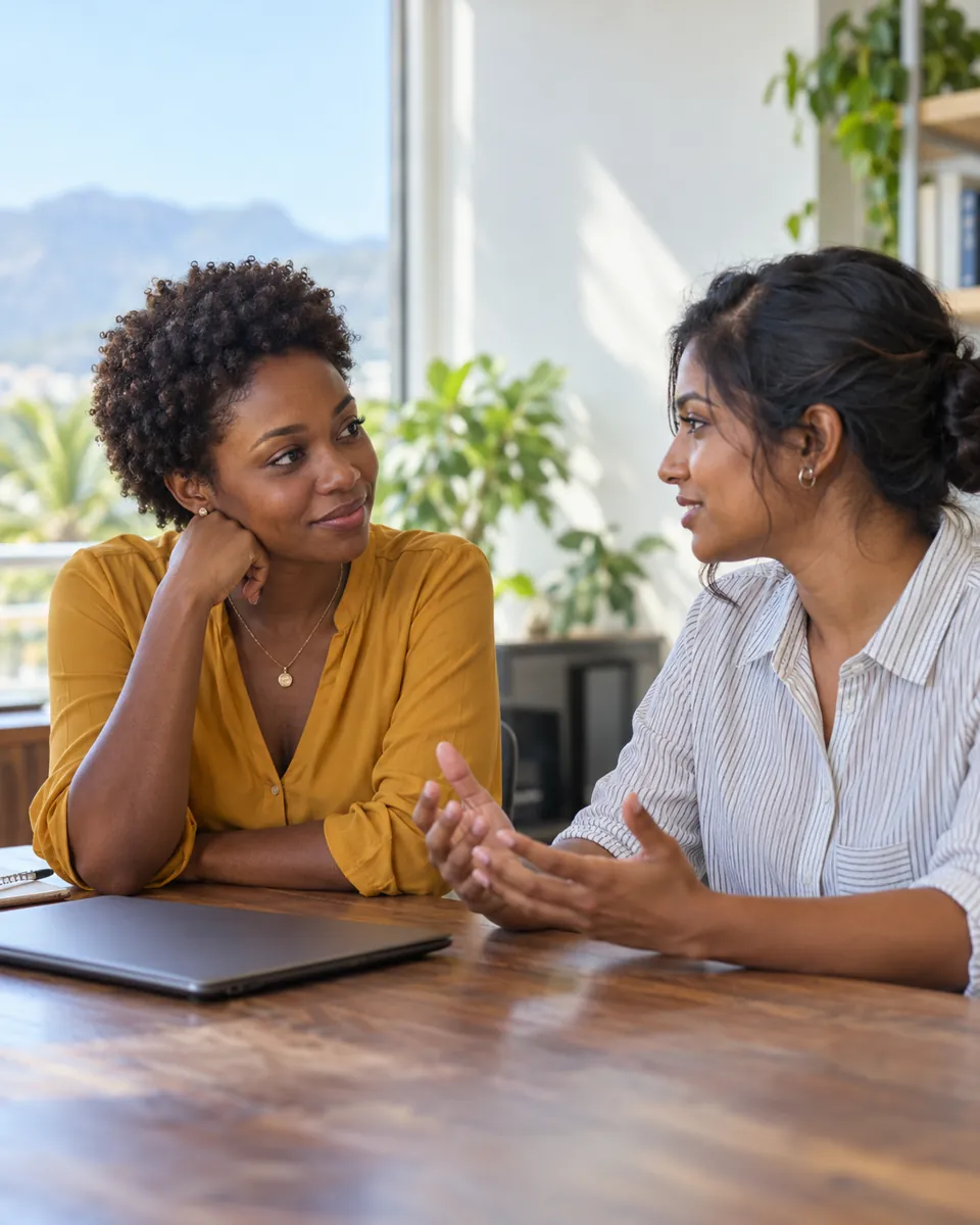 Two colleagues listening and sharing perspectives during a workplace discussion