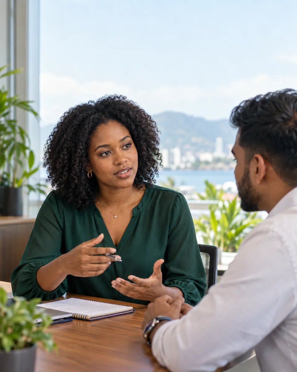 A leader explaining an idea during a one-to-one workplace conversation